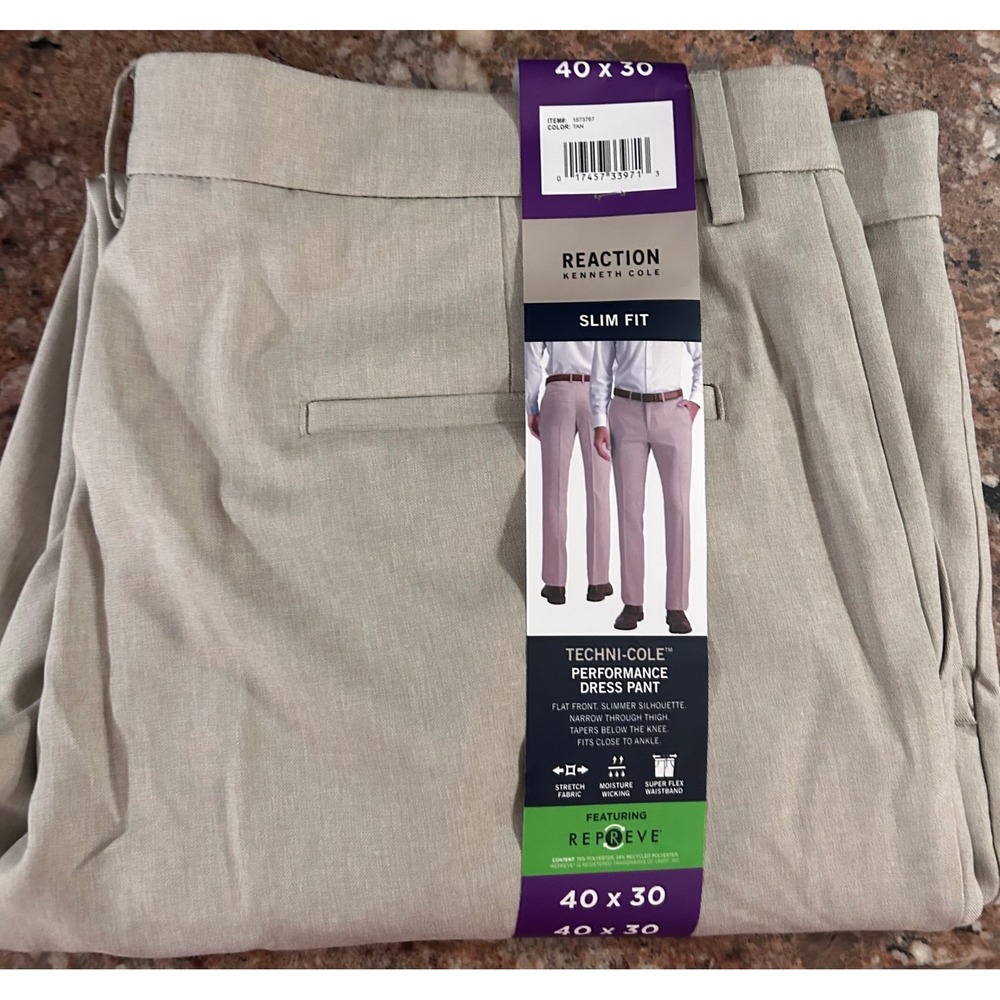 NWT Kenneth Cole Reaction Mens 40x30 Tan Slim Fit Techni-Cole Performance Pants